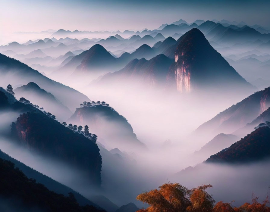 Layered misty mountain peaks under soft dawn or dusk sky