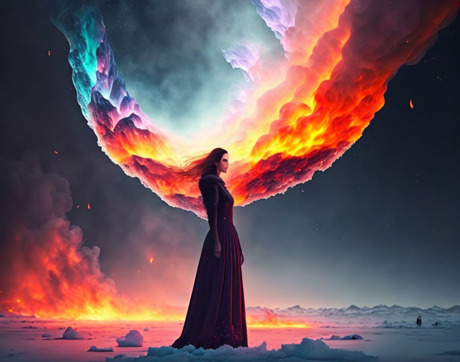 Woman blending into fiery, colorful sky in surreal landscape