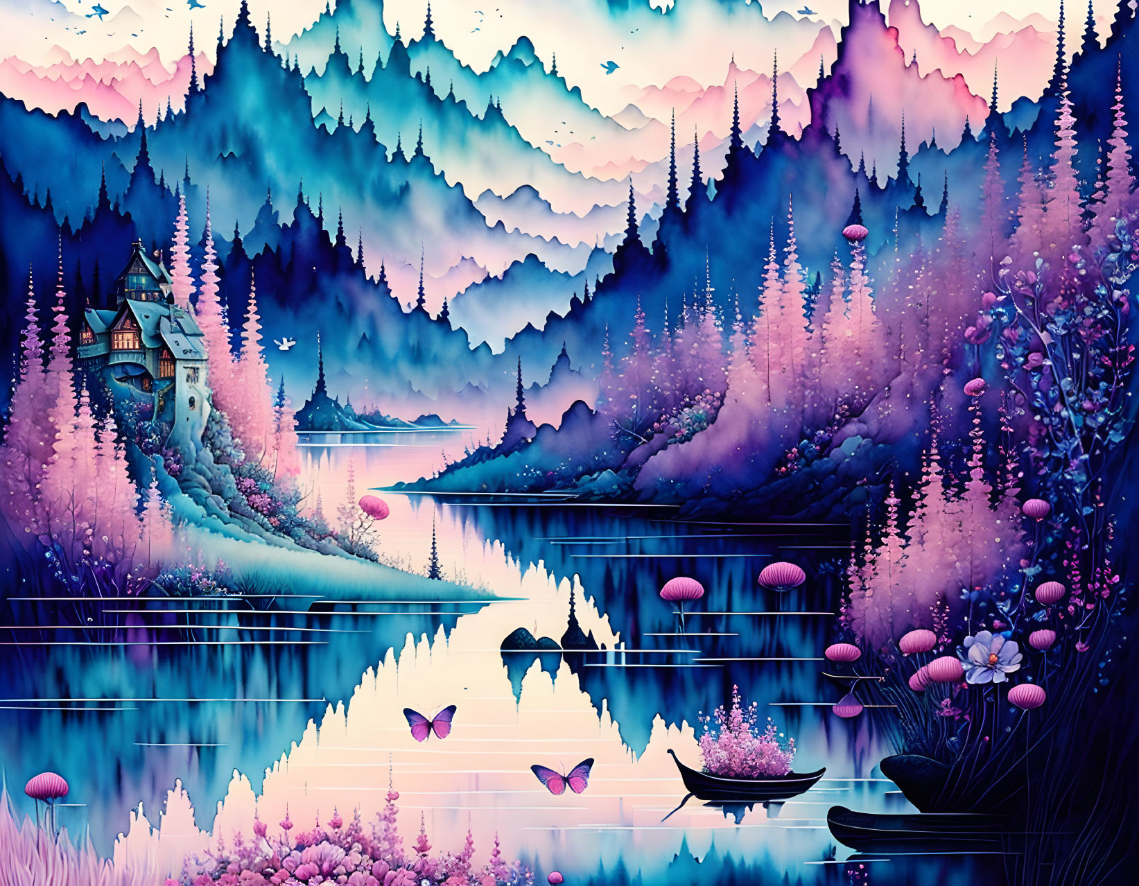 Vivid landscape illustration: layered purple and blue mountains, serene lake, quaint house, lush foliage,