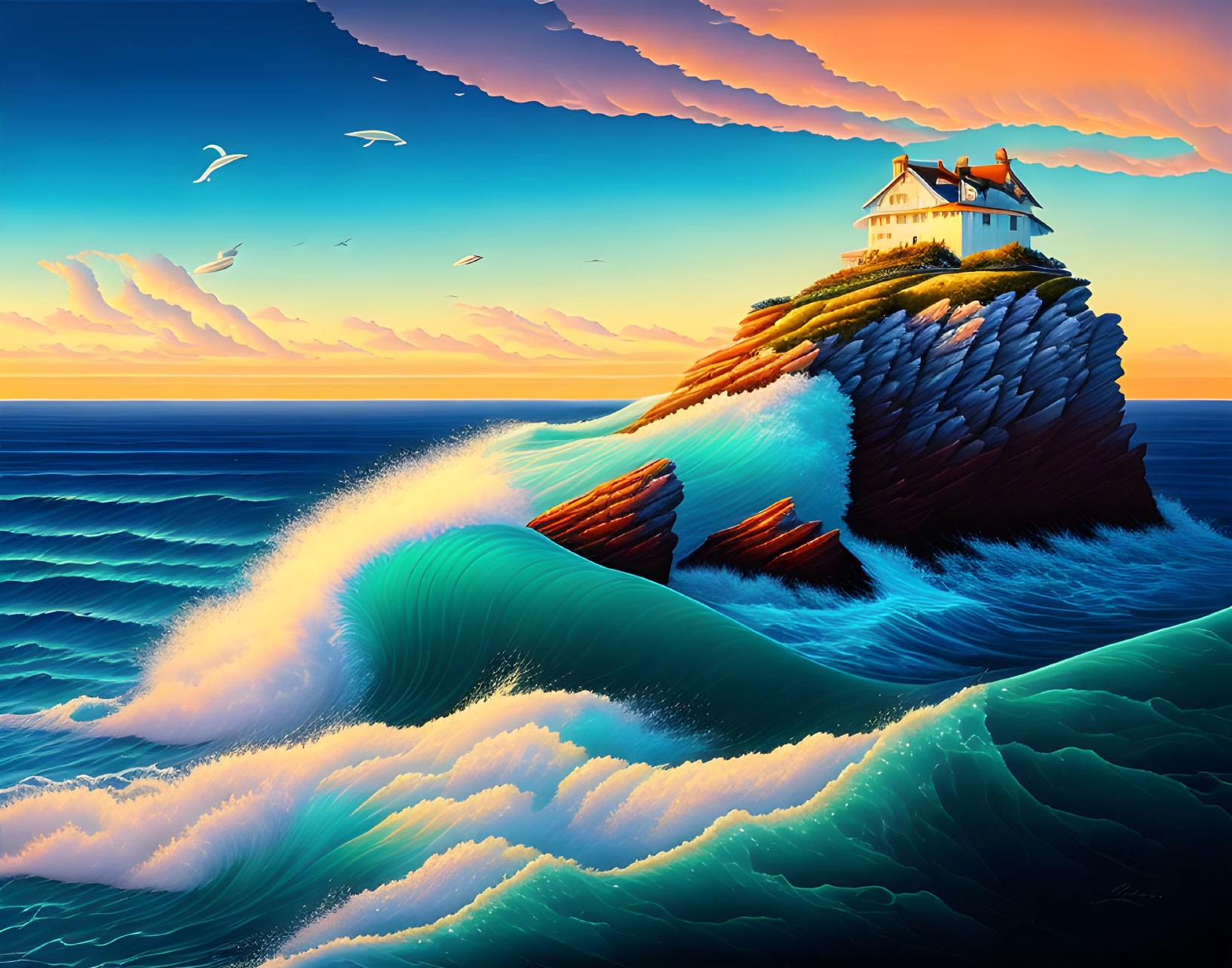 Lighthouse illustration on cliff with crashing waves and colorful sky