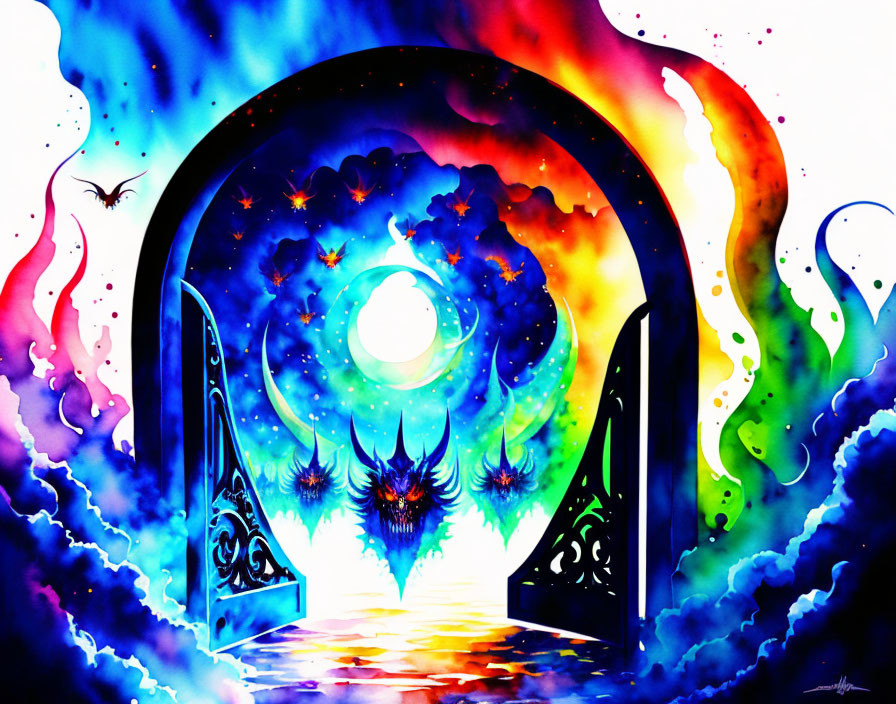 Colorful Psychedelic Painting: Open Arch Gateway, Starry Sky, Moon, Swirling Patterns