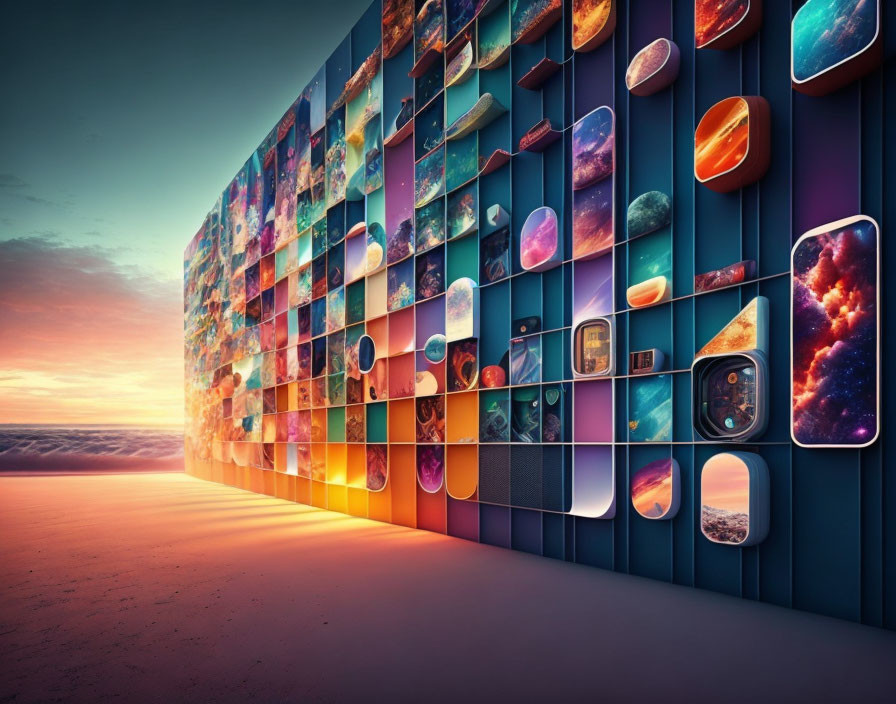 Colorful Smartphone Screens Displayed on Wall Against Sunset Horizon