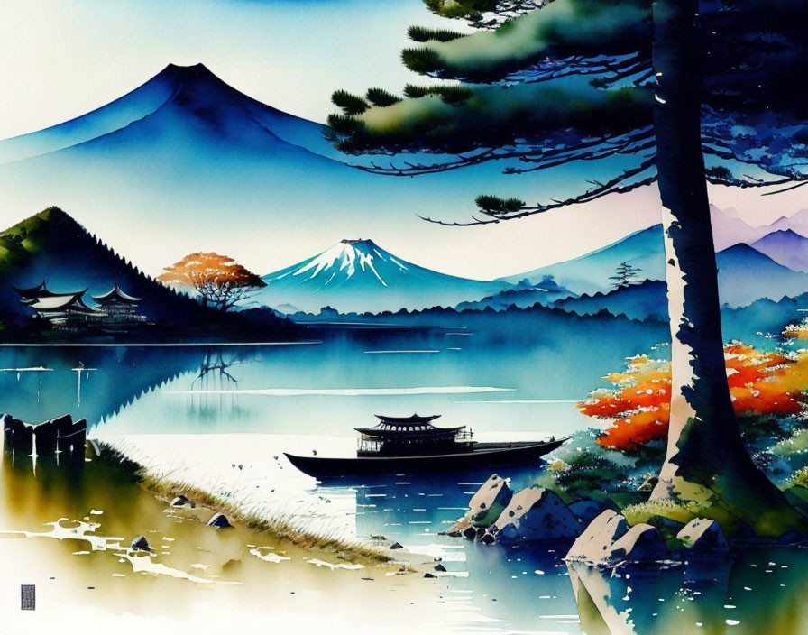 Tranquil Mount Fuji painting with serene lake, boat, and autumn trees