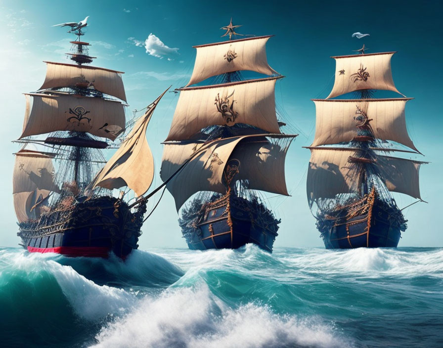 Three large sailing ships with billowing sails navigating choppy seas under a partly cloudy sky.