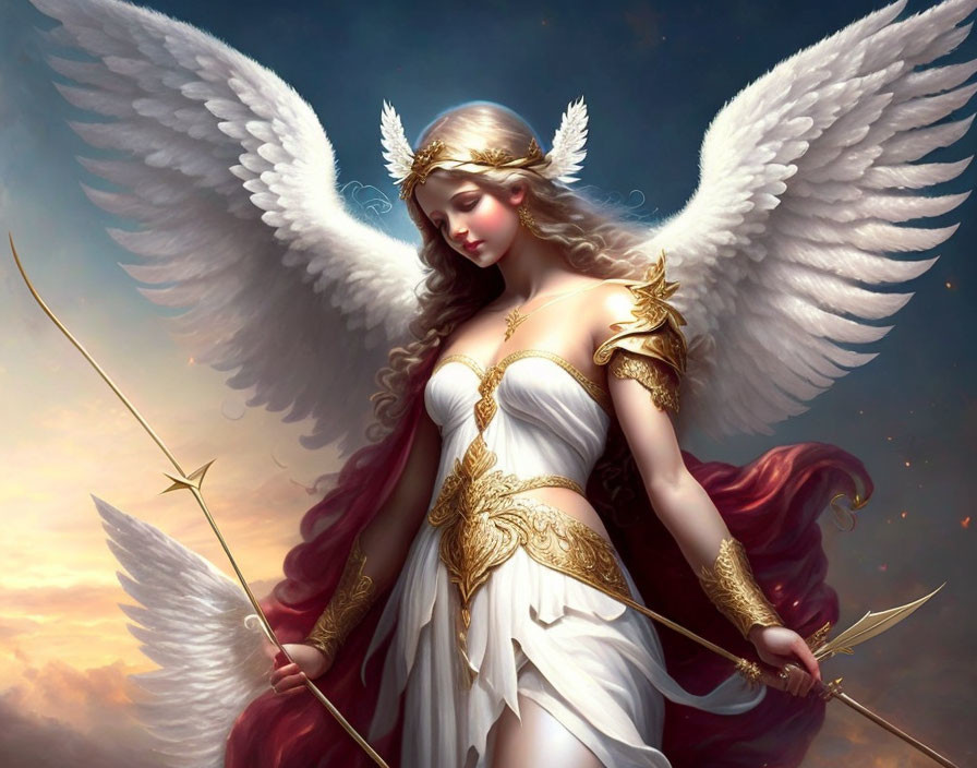 Angelic figure with white wings, gold attire, holding bow and arrow against sky.