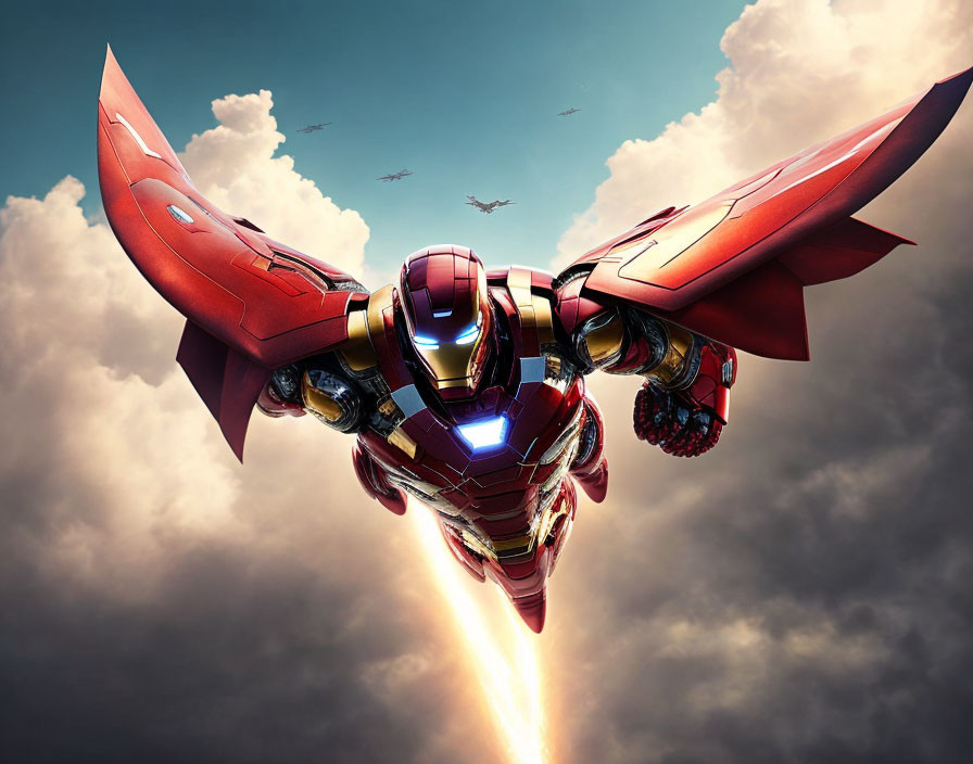 Red and gold armored figure flying with boosters among birds and clouds