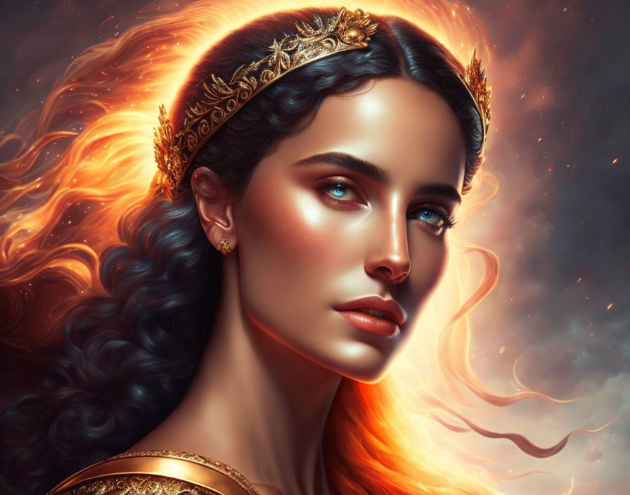 Portrait of woman with golden crown, blue eyes, and dark wavy hair against fiery backdrop