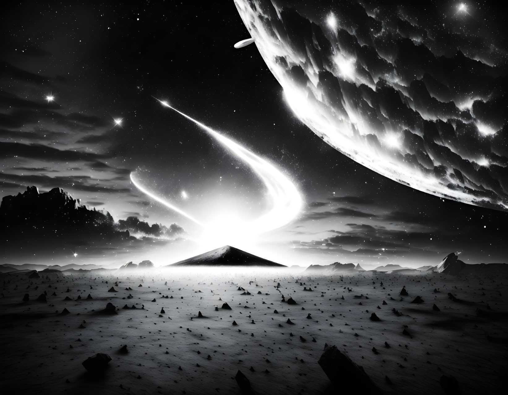 Monochrome surreal landscape with celestial object, mountain, starry sky, planet, and comet