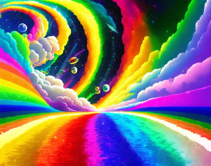 Colorful Psychedelic Landscape with Rainbow Road and Celestial Sky