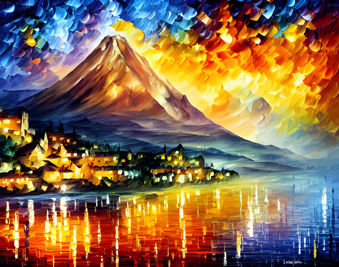 Scenic oil painting: town by water, Mt. Fuji, textured sky