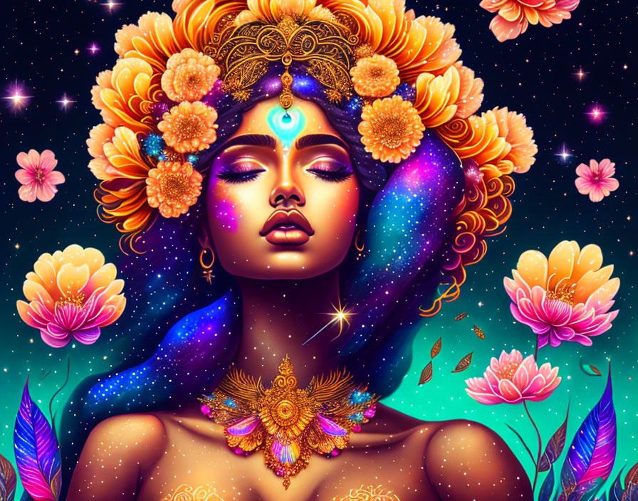 Cosmic-themed woman illustration with golden floral accessories