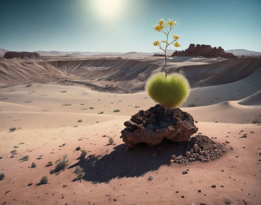 Small green plant with yellow flowers in desert landscape