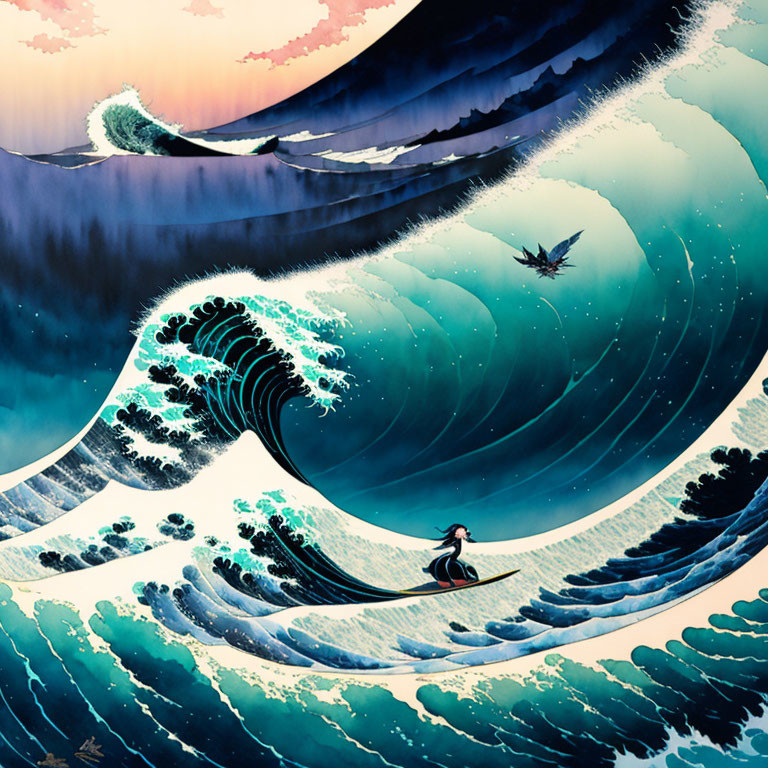 Fantasy-themed surfer riding massive wave under twilight sky