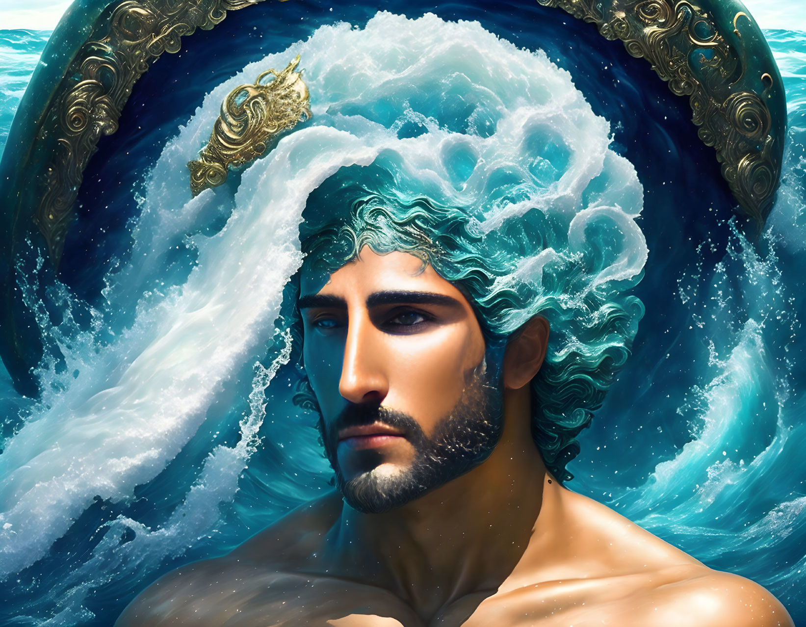 Bearded man as sea spirit with wave crest hair and gold accents