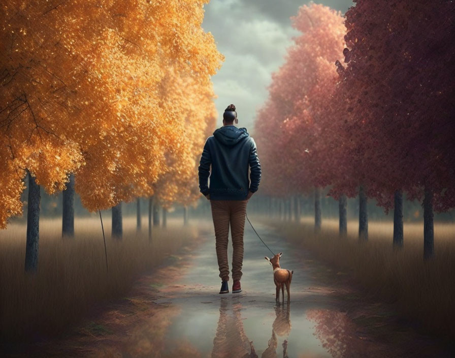 Autumn scene: Person walking by puddle with deer reflection