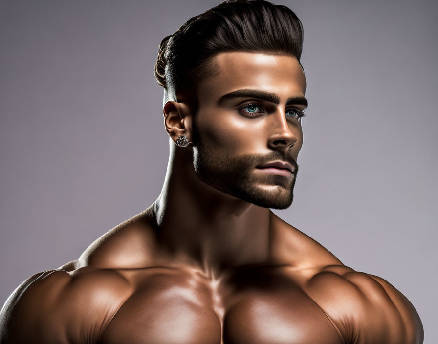 Muscular man digital artwork with styled hair, beard, blue eyes, and stud earring on gray