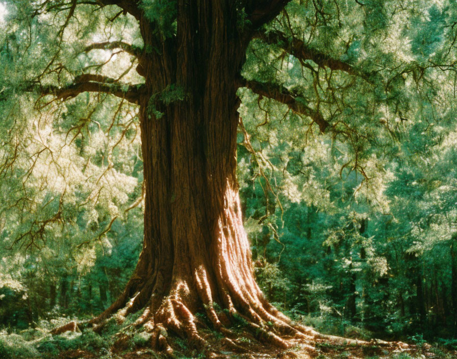 Majestic tree with thick trunk and sprawling roots in moss-covered forest