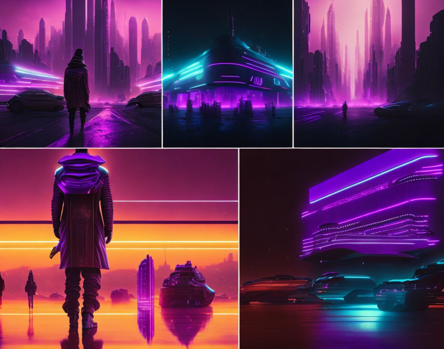 Futuristic cityscape collage with neon purple and pink hues