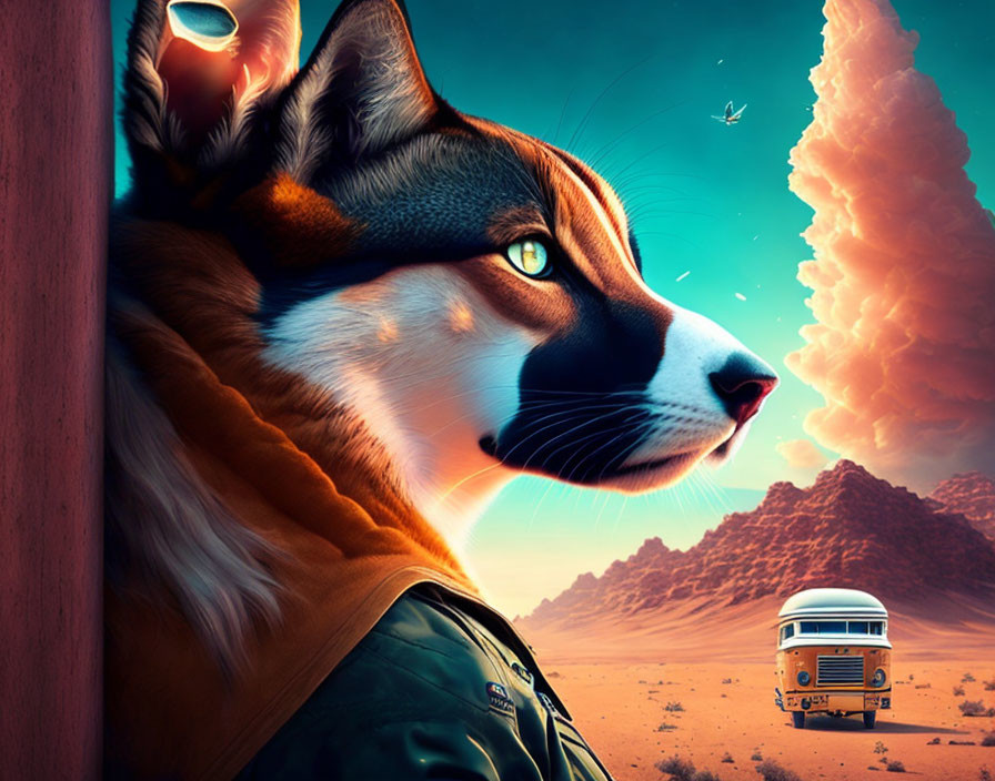 Contemplative anthropomorphic fox in bomber jacket gazes at desert landscape with school bus and towering clouds