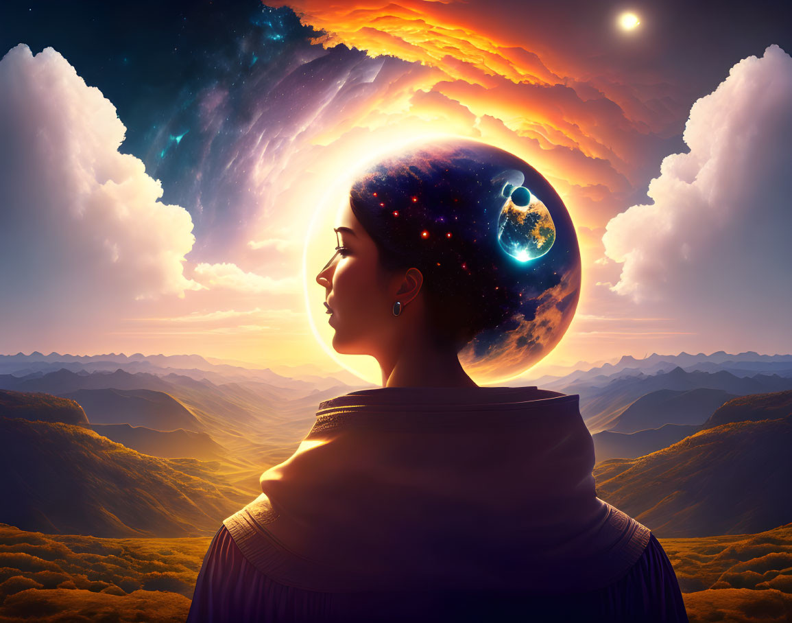 Silhouette of woman's profile against cosmic backdrop with planets, starry sky, vibrant sunset.