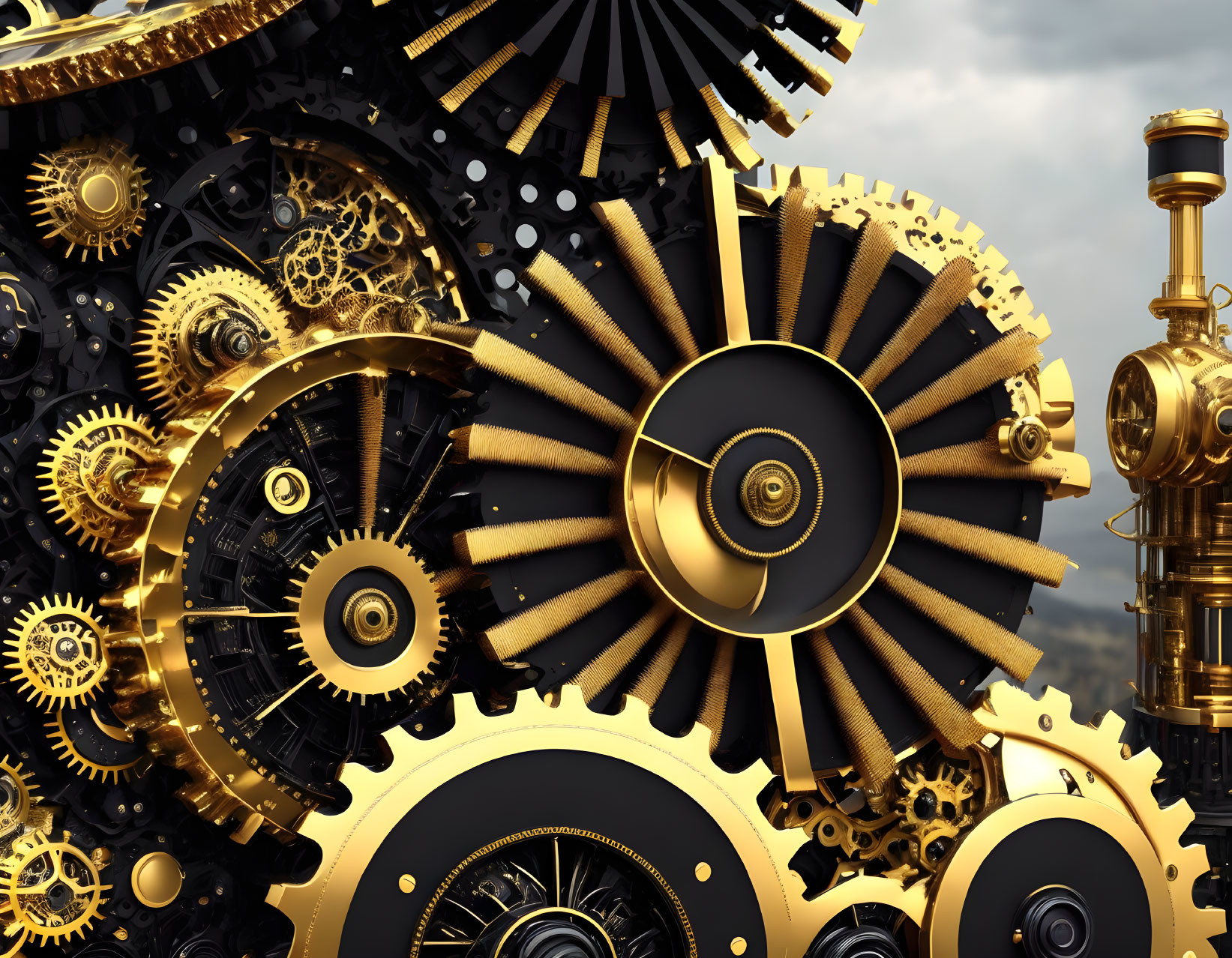 Brass and Gold Gears Interconnected in Steampunk Machinery