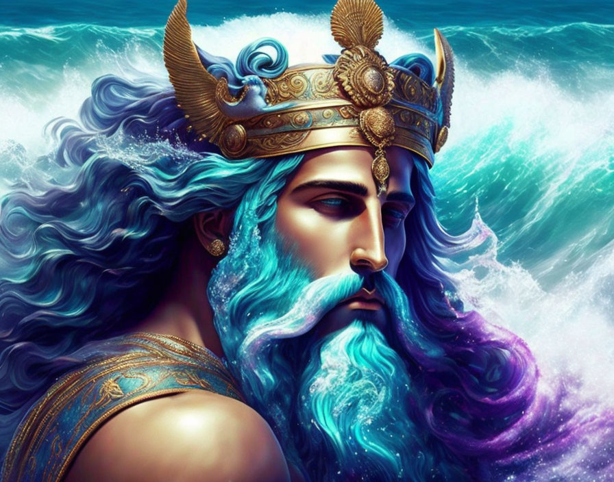 Blue-haired male figure with golden crown in ocean backdrop