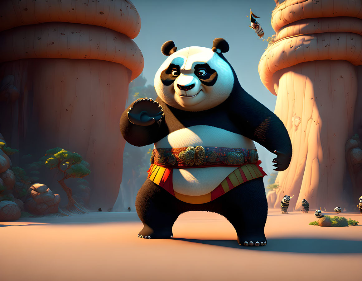Animated confident panda in serene landscape with rock formations