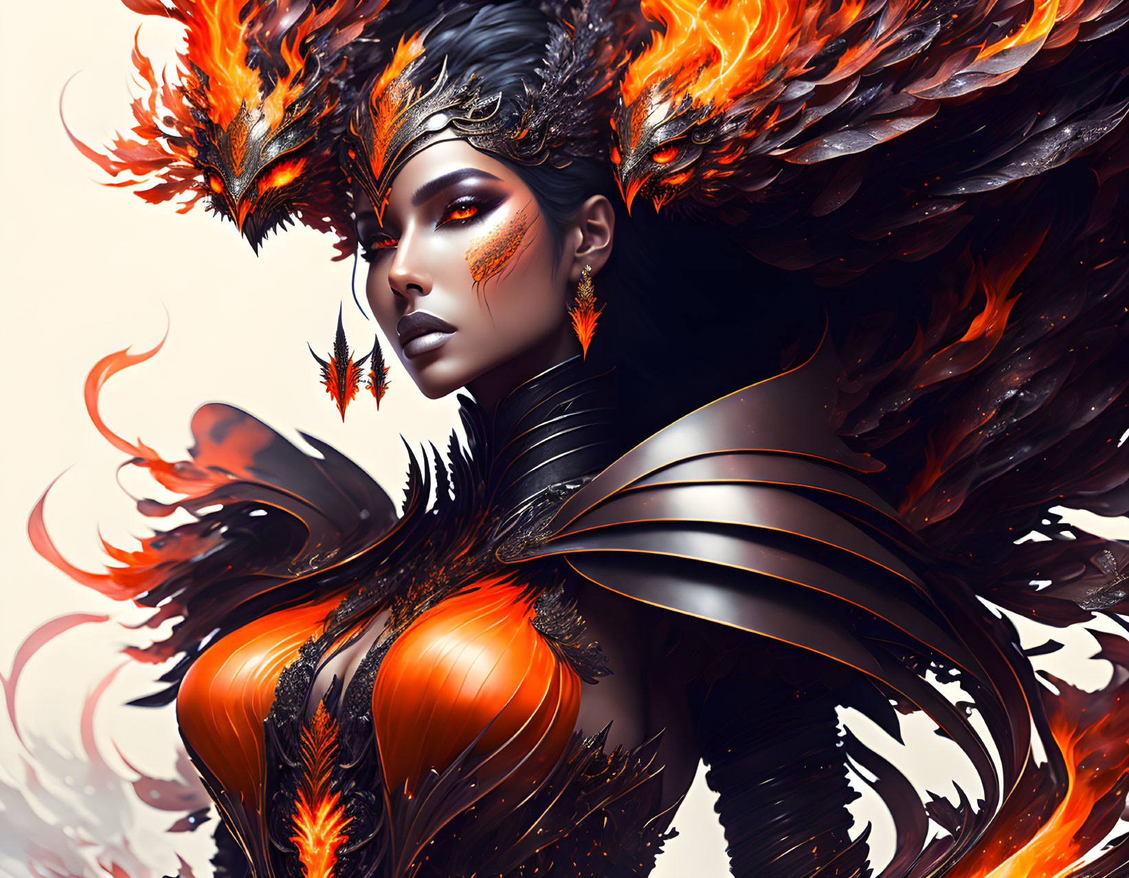 Digital Artwork: Woman with Fiery Wings and Feathered Armor