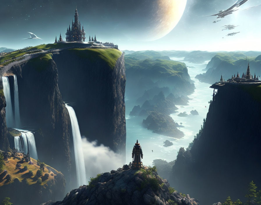 Fantastical landscape with castle, waterfalls, green hills, planet, and flying ships