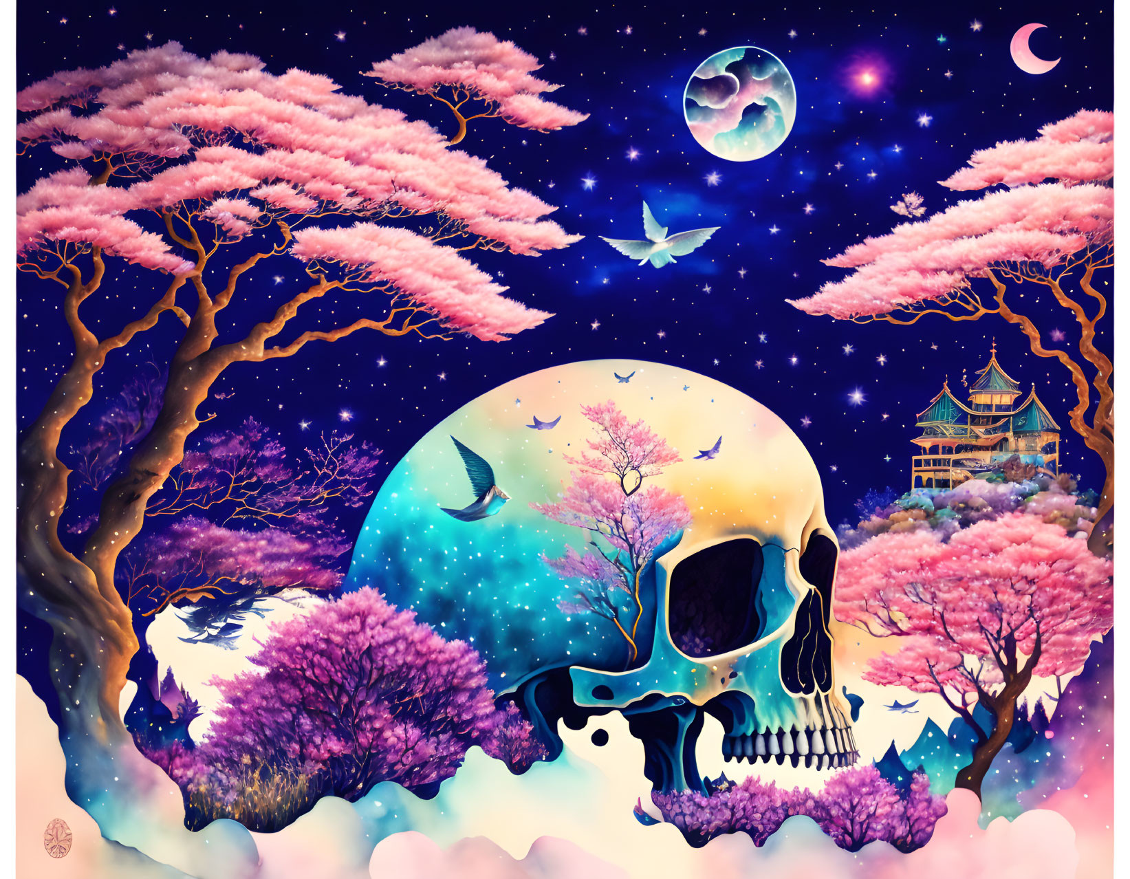 Colorful skull art with cosmic background, cherry blossoms, Asian building, birds, starry sky