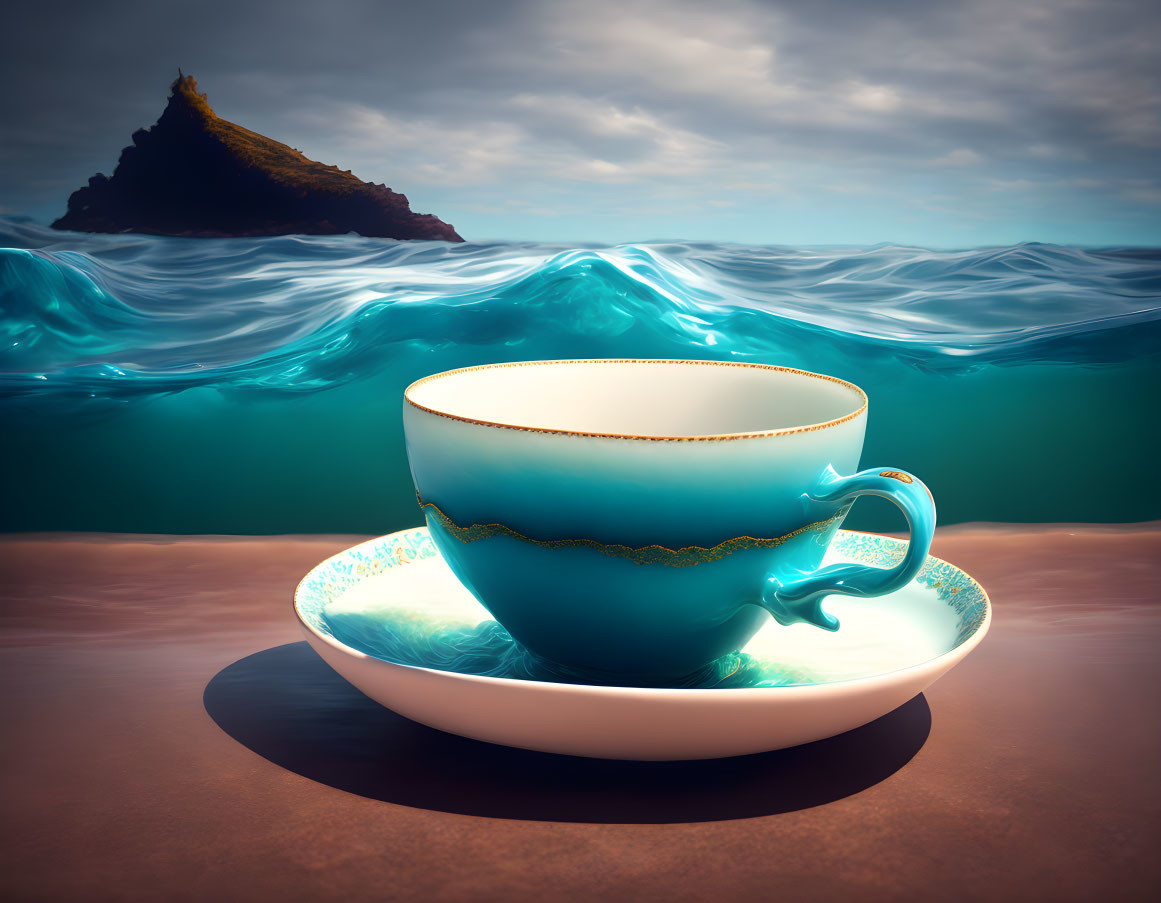 Giant Blue Teacup on Saucer in Ocean Setting