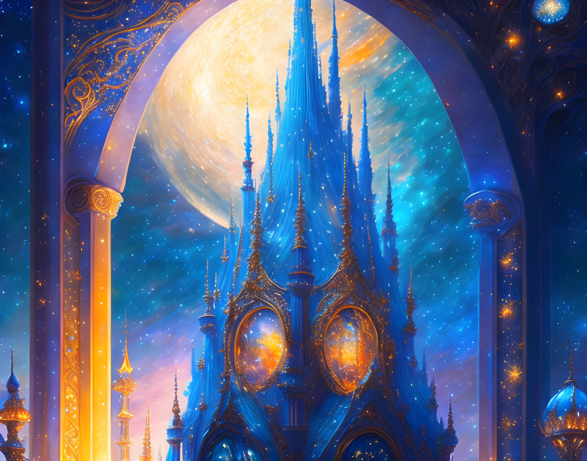 Luminous blue castle with spires under moonlit sky