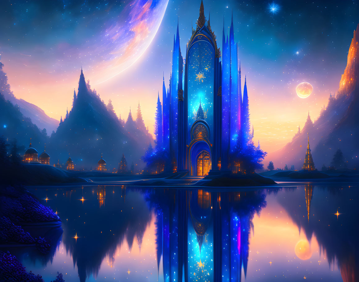 Majestic blue glowing castle in fantastical twilight landscape