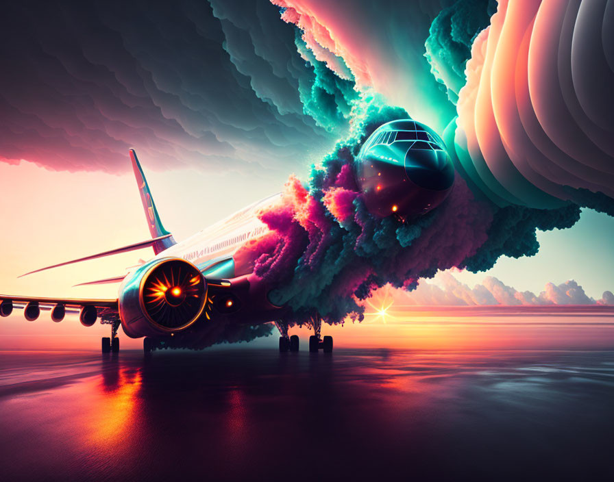 Airplane with colorful cloud trails in vivid sunset reflection