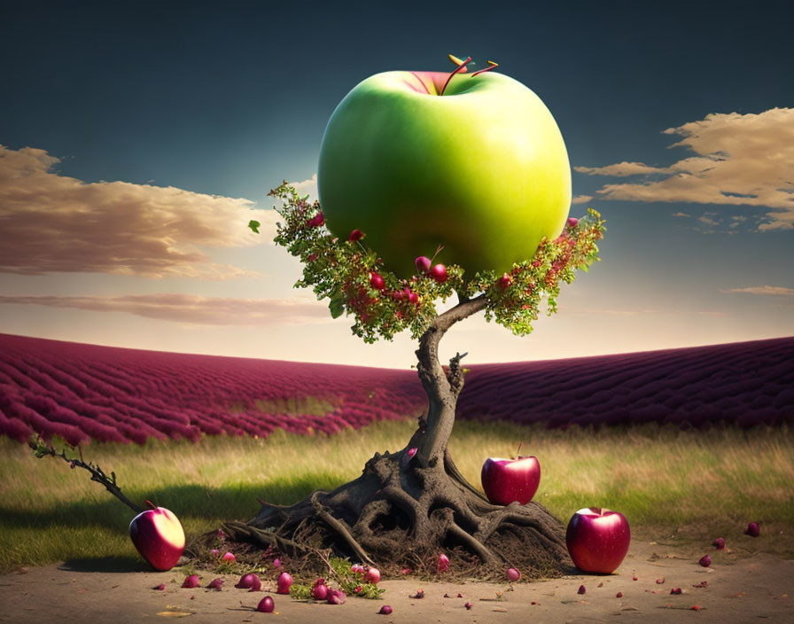 Whimsical tree with oversized green apple in purple field