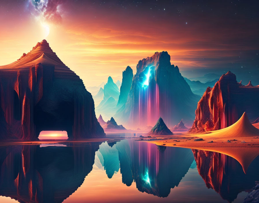 Luminous alien landscape with radiant mountains and serene water body