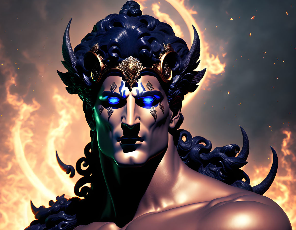 Stylized male figure with blue skin and horned headgear on fiery background