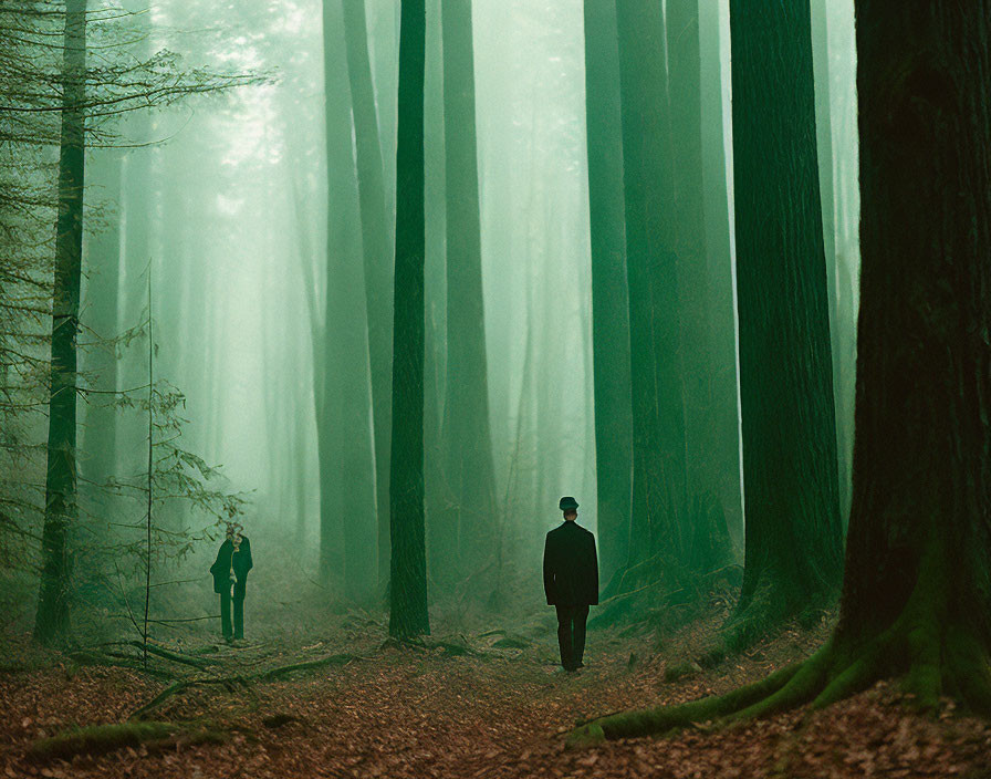 Misty forest scene with two people standing among tall trees