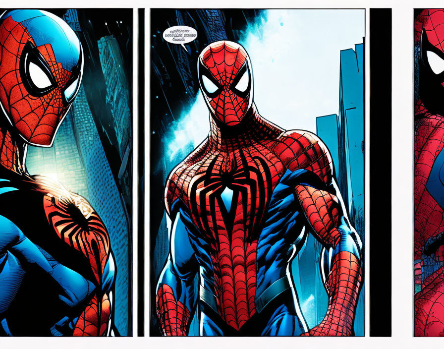 Spider-Man poses in various cityscape backgrounds.