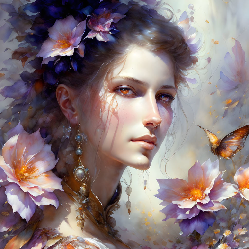 Woman portrait with serene expression, soft-hued flowers, and butterflies