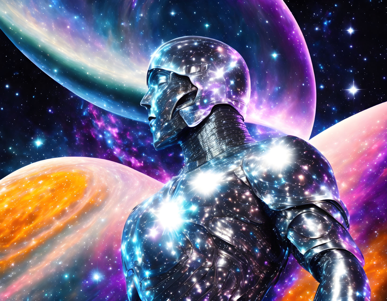 Reflective humanoid robot in cosmic galaxy backdrop