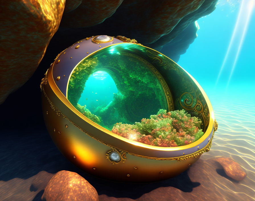 Golden ornate submarine explores colorful coral in bright light