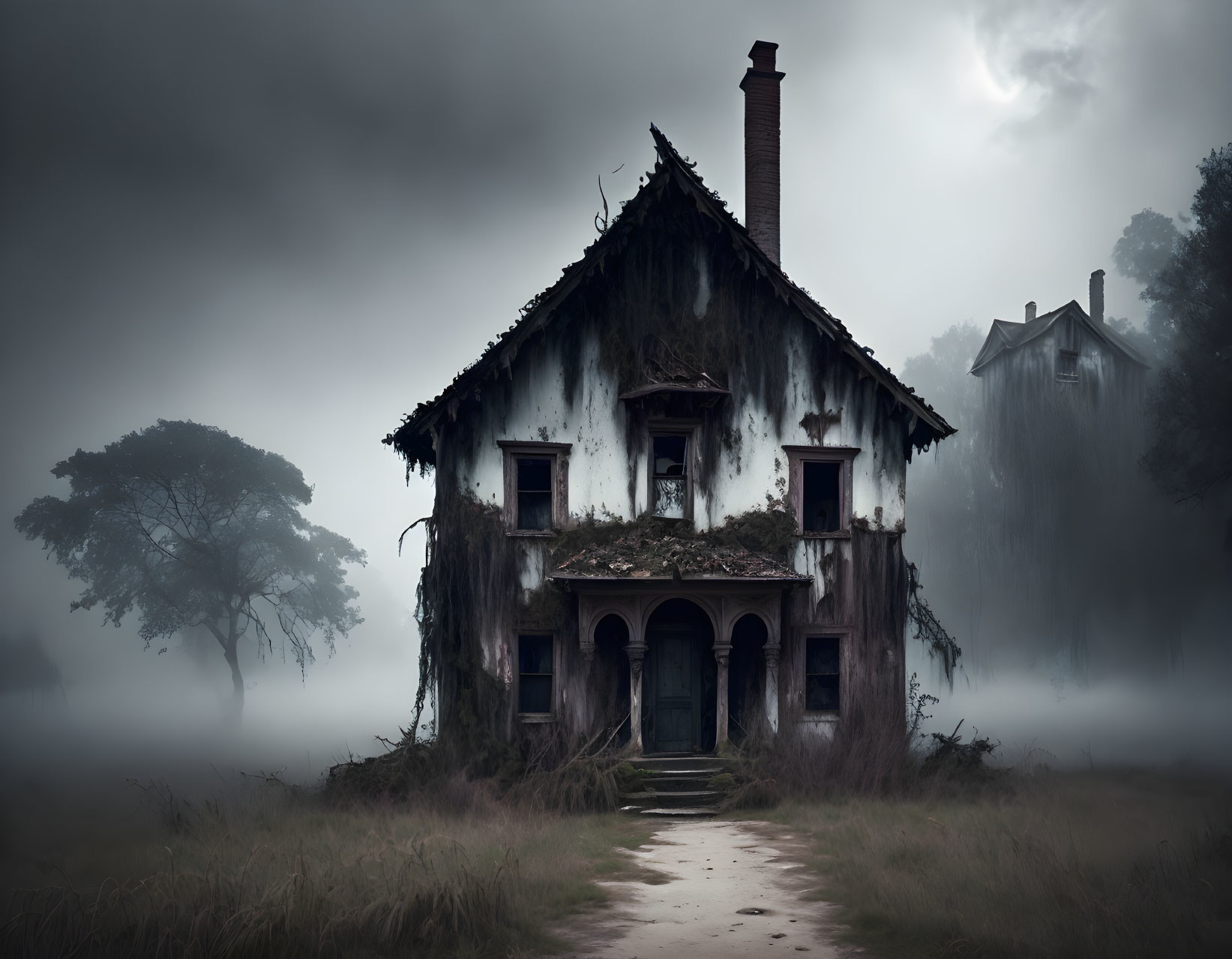 Desolate house engulfed in fog with overgrown plants