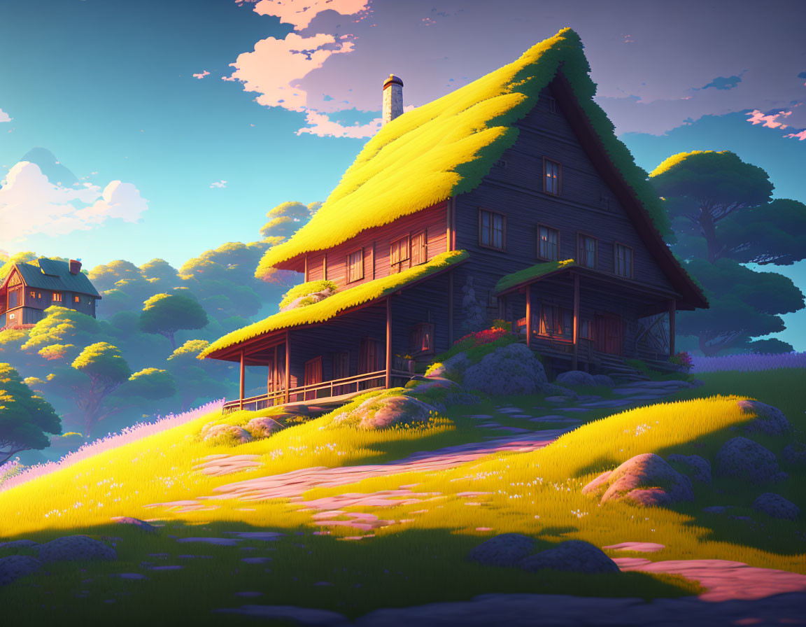 Digital art: Cozy cottage in rolling hills under pastel sunset