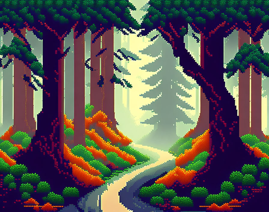 Forest Pixel Art: Tall Trees, Winding Path, Orange Foliage in Misty Setting