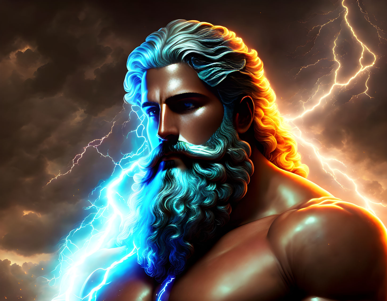 Muscular, Bearded Figure with Blue Energy in Stormy Skies