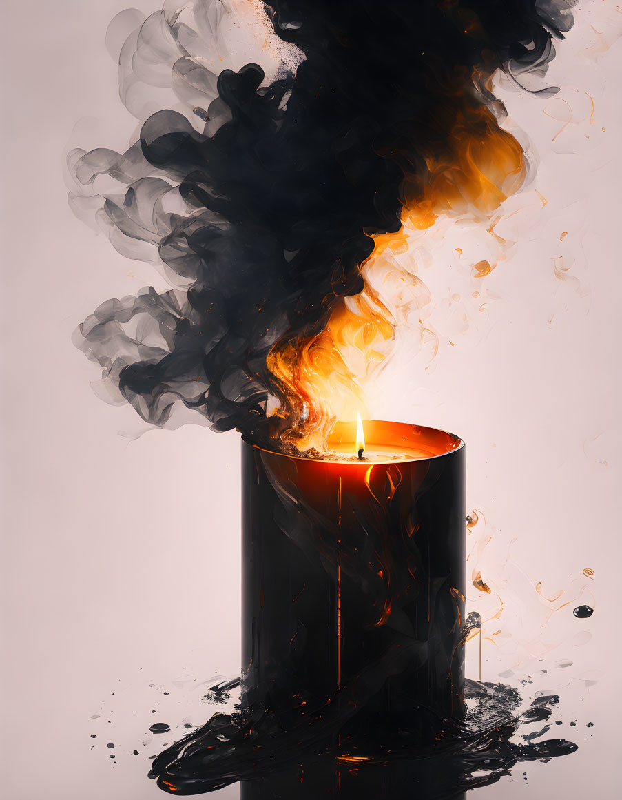 Black candle with dripping wax and dark smoke on light background