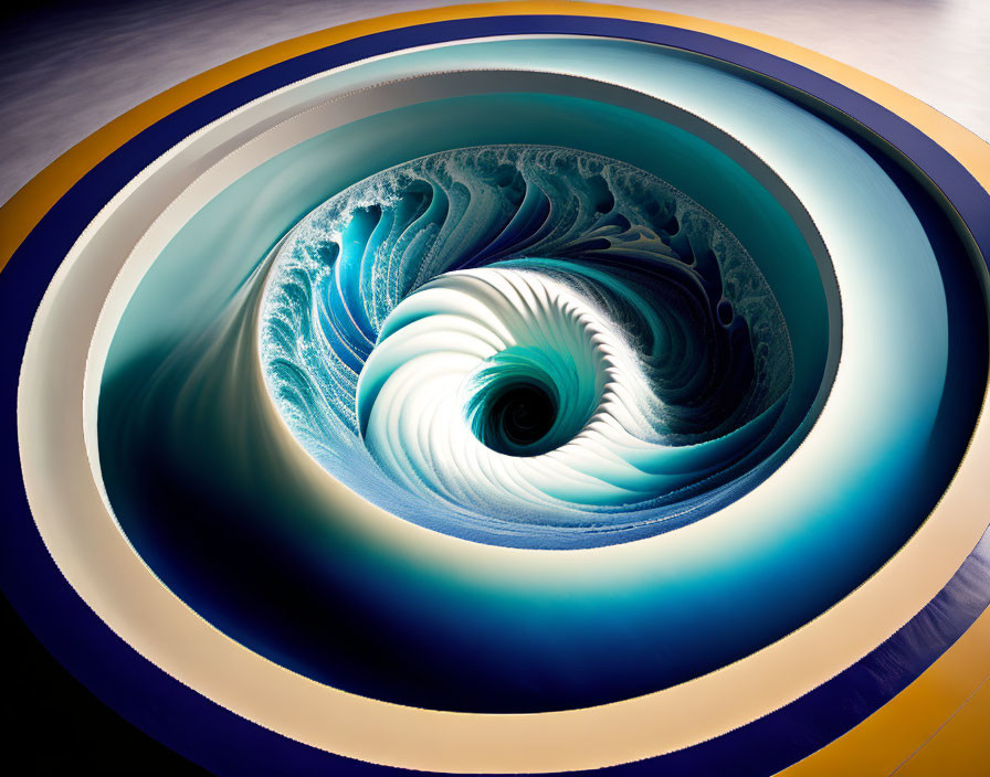 Abstract Blue and White Spiral Graphic with Orange and Yellow Bands