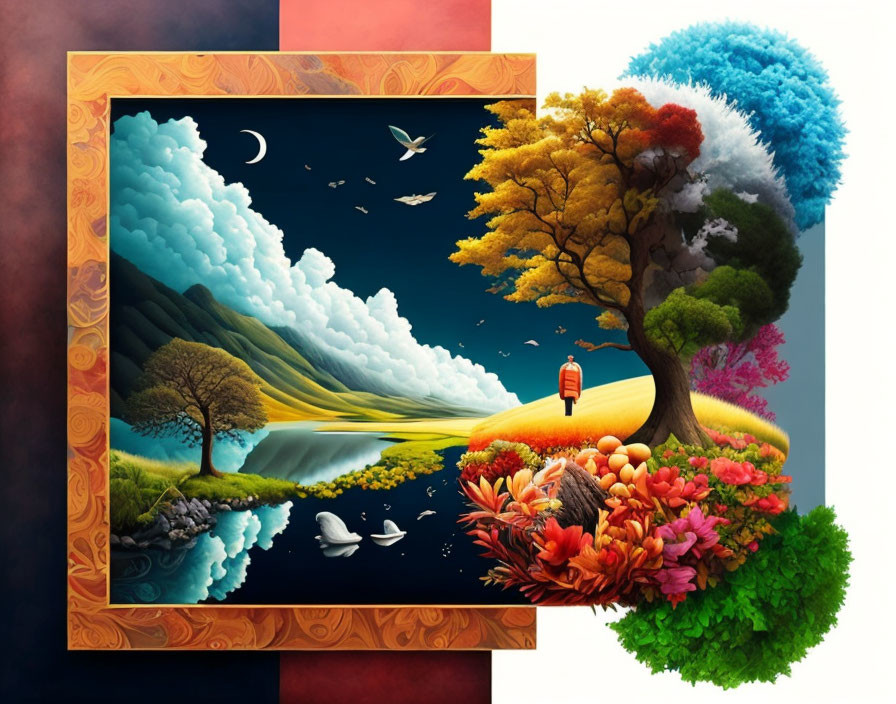 Surreal landscape with seasonal trees, swans, birds, and figure beneath autumn tree