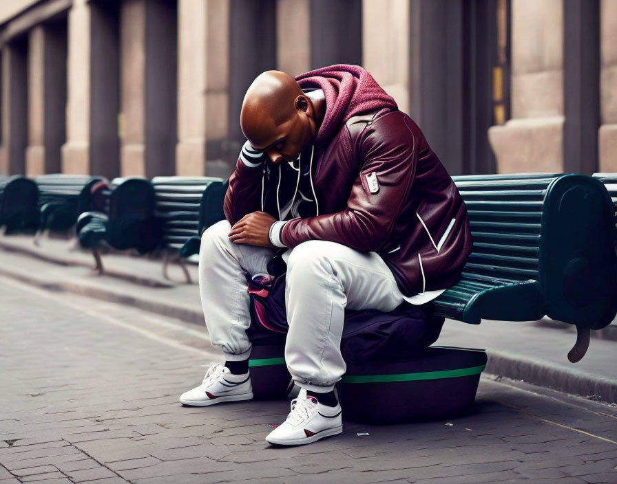 Person in maroon jacket and white pants sitting on bench with head bowed down and white earphones.